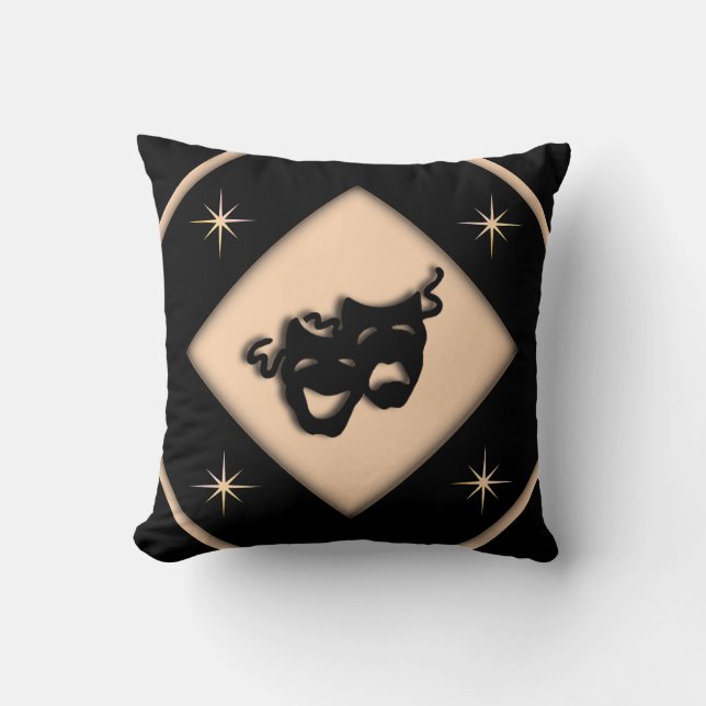 Greek Theater Masks Black and Peach Star Throw Pillow (Front)