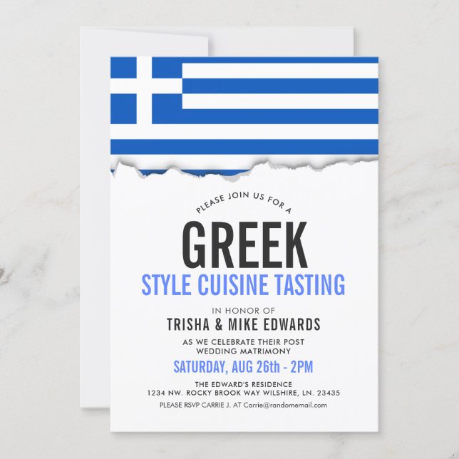 Greek Themed Cuisine | Party Flag White Invite (Front)