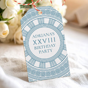 Greek themed party favors with blue patterns gift tags