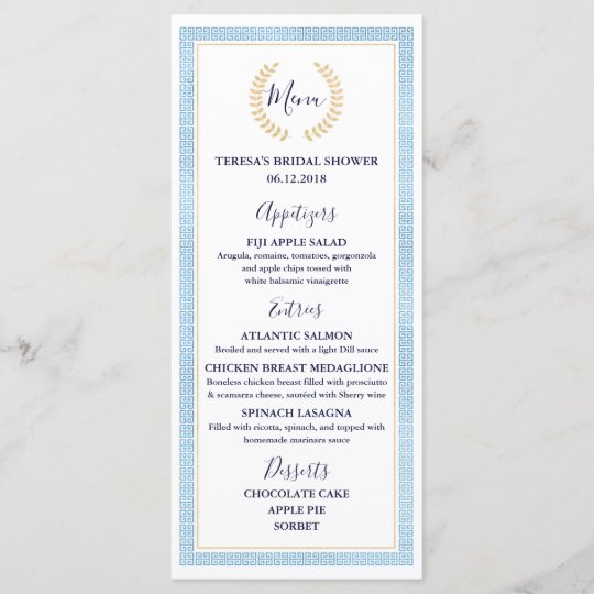 Greek Toga Bridal Baby Shower Wedding Menu