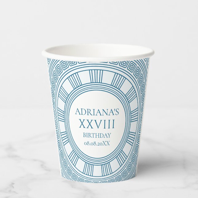 Greek toga party theme with blue pattern paper cups (Front)