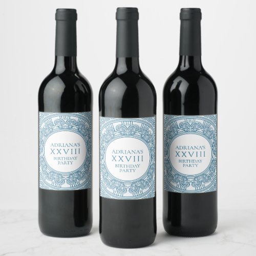 Greek toga party theme with blue pattern wine label