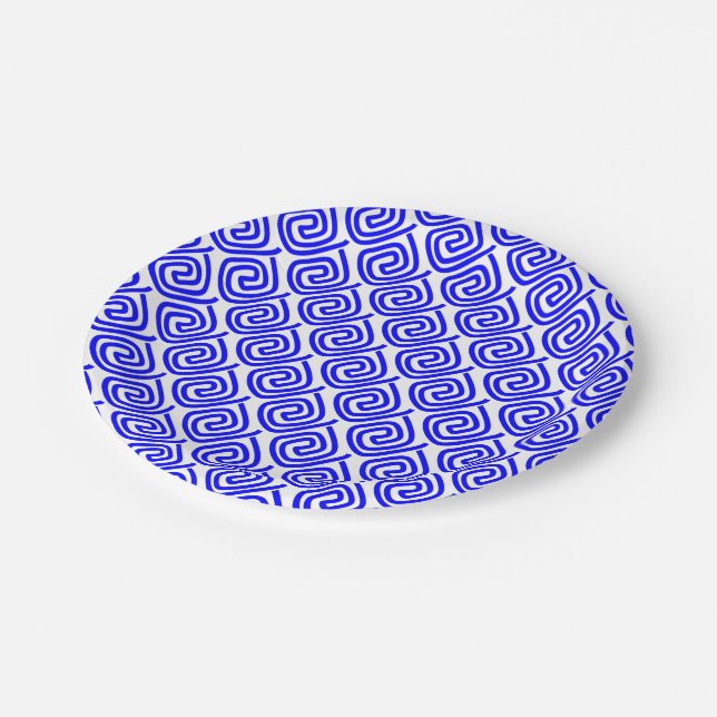 Greek Traditional Blue White Meander Fret Pattern Paper Plates (Angled)