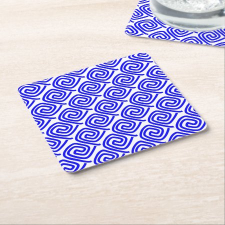 Greek Traditional Blue White Meander Fret Pattern Square Paper Coaster