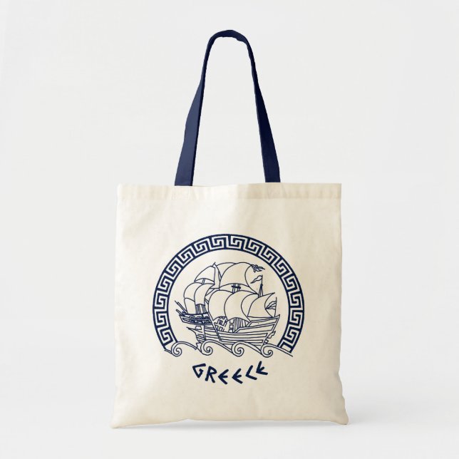 Greek Traditional Ship Motif Inside a Meander Tote Bag (Front)
