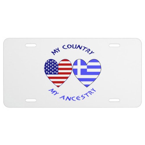 Greek USA Flags Hearts Country Ancestry License Plate