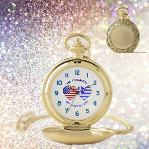 Greek USA Heart Flag My Country My Ancestry Pocket Watch