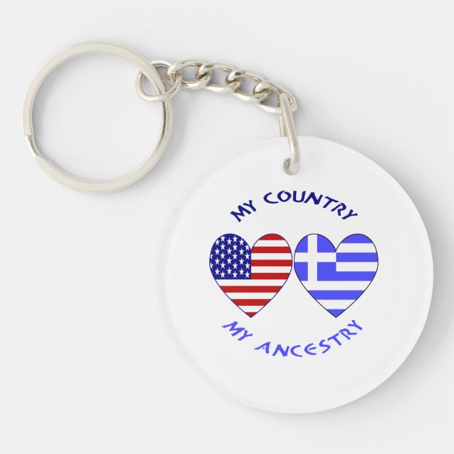 Greek USA Hearts Country Ancestry Keychain (Front)