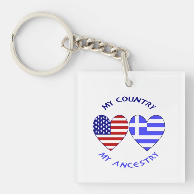 Greek USA Hearts Country Ancestry Keychain (Front)