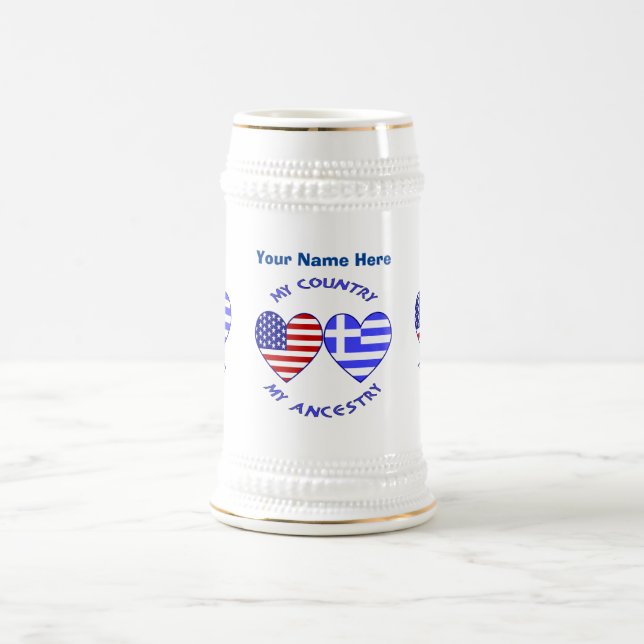 Greek USA Hearts Country Ancestry Personalized  Beer Stein (Center)