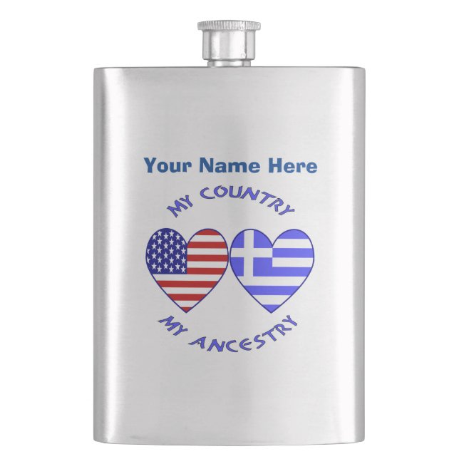 Greek USA Hearts Country Ancestry Personalized  Flask (Front)