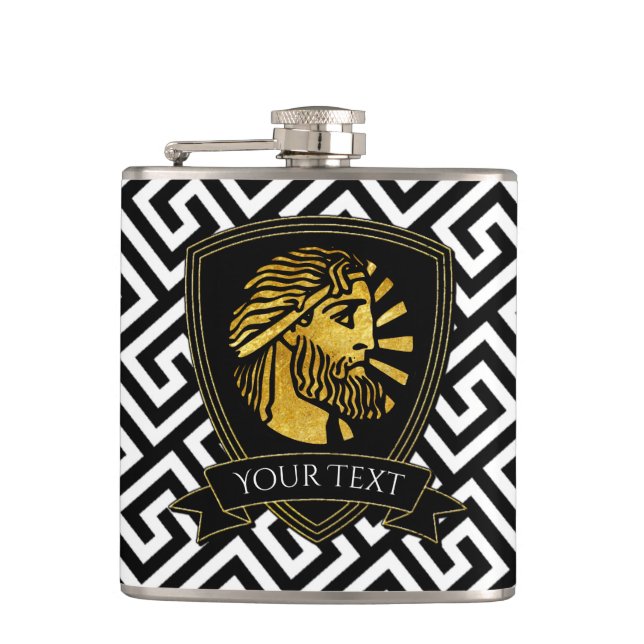 Greek Warrior in Gold Your Text Flask (Front)