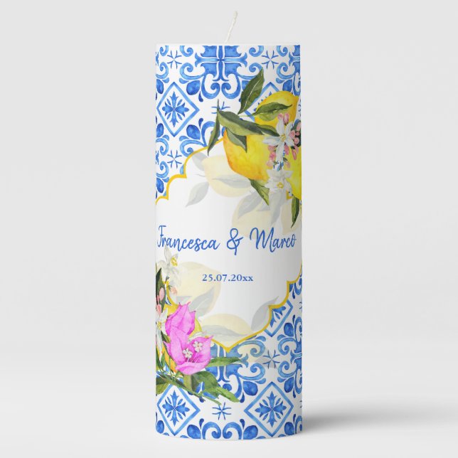 Greek Wedding unity candle Blue lemon custom names (Front)