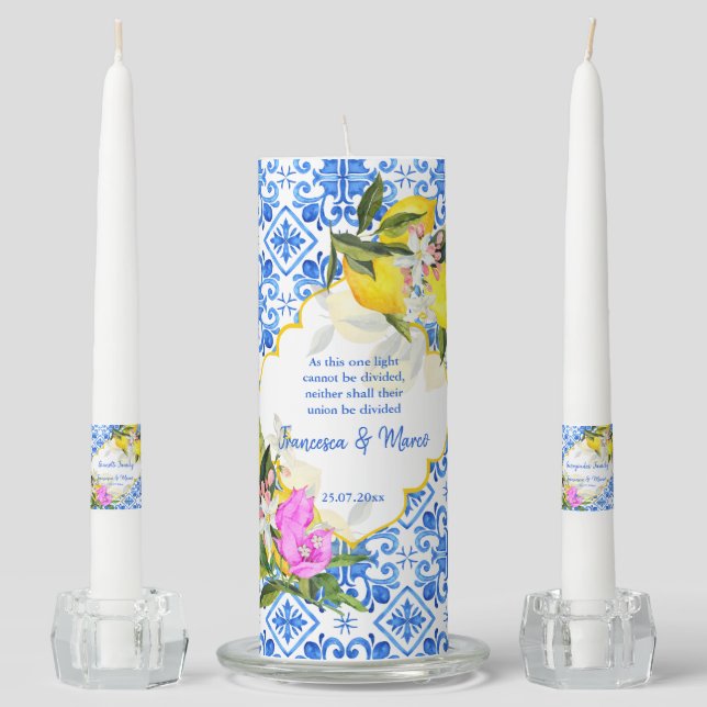 Greek Wedding unity candle Blue lemon custom names (Front)