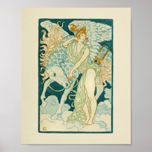 Greek Woman Lyre Horse Blue Stars Print