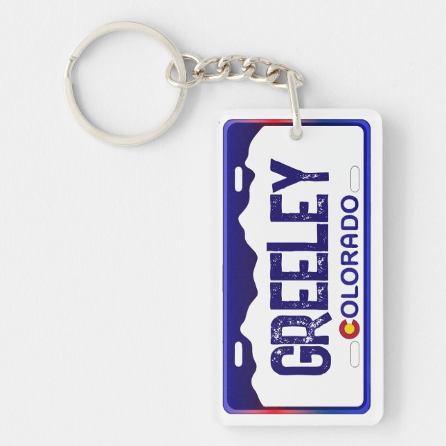Greeley Colorado blue license plate keychain (Front)