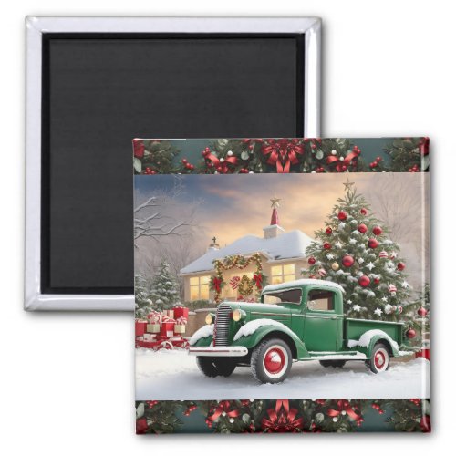 Green 1930s American Christmas Pickup Truck Magnet