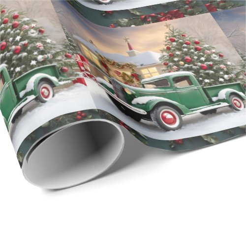 Green 1930s American Christmas Pickup Truck Wrapping Paper