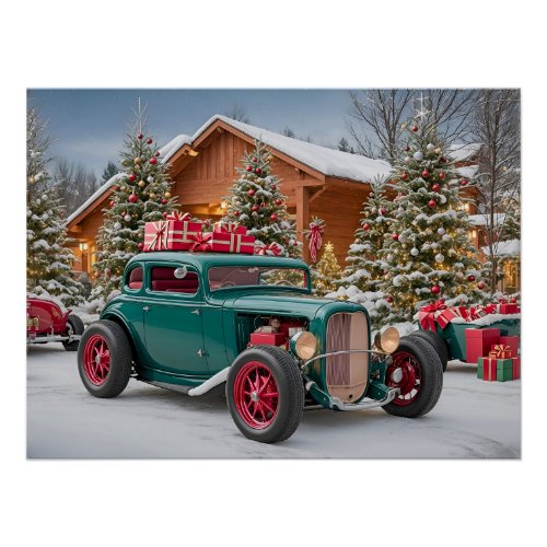 Green 1932 Hot Rod Christmas Car Poster