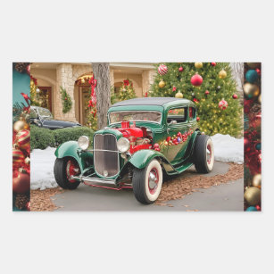 Green 1932 Hot Rod & Christmas Trees Rectangular Sticker