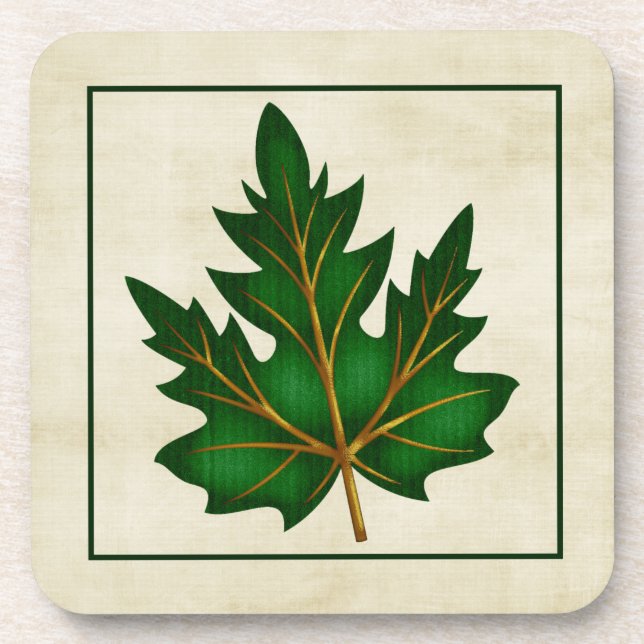 Green 1 Leaf Fall Season Themed Cork Coaster (Front)