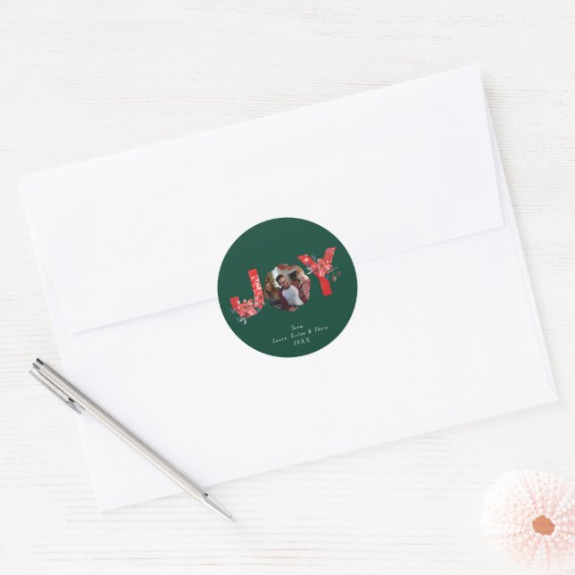 Green 1 Photo Joy Simple Custom Christmas  Classic Round Sticker (Envelope)