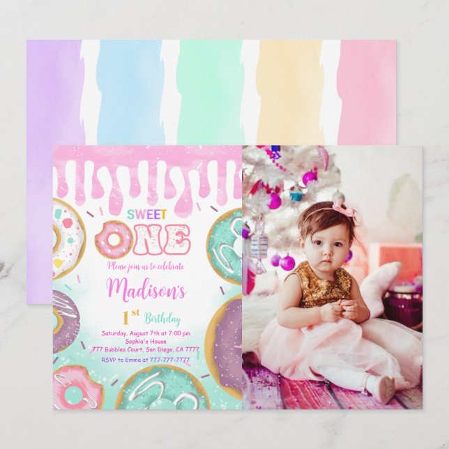 Green 1st Birthday Donut Party Photo Invitation (Front/Back)