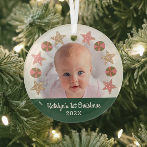 Green 1st Christmas Baby Photo Girl Cookie Wreath Glass Ornament