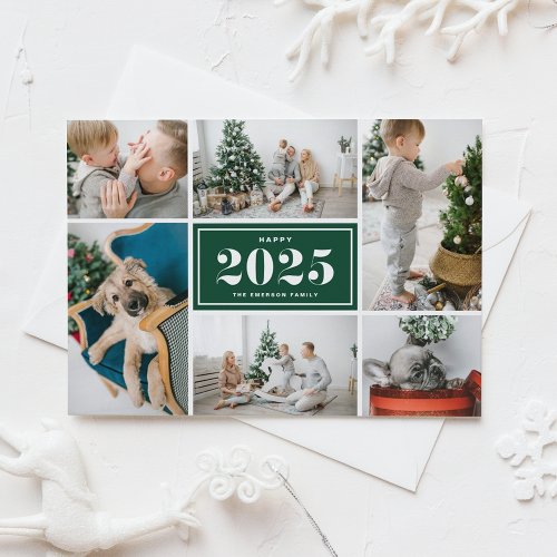 Green 2025 Happy New Year Photo Collage Holiday Postcard