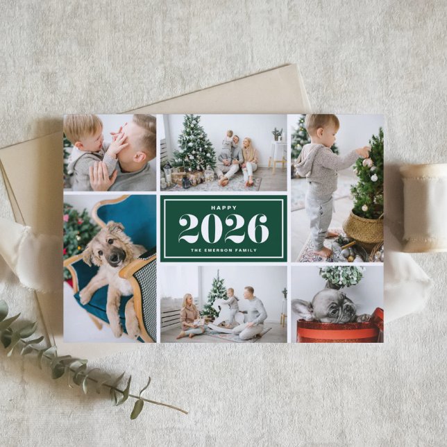 Green 2026 Happy New Year Photo Collage Holiday Card (Send 2026 new year cheer with this customizable green photo collage Happy New Year Card. )