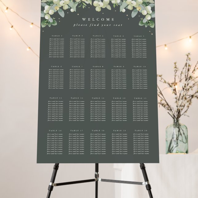 Green 20 Tables of 10 Winter Wedding Seating Chart Foam Board (In Situ (Stand))