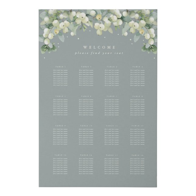 Green 24x36" 16 Tables of 8 Wedding Seating Chart Faux Canvas Print (Front)