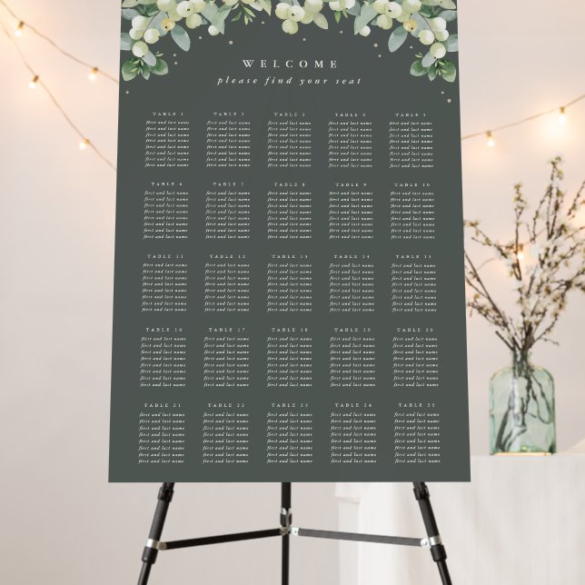 Green 25 Tables of 8 Winter Wedding Seating Chart Foam Board (In Situ (Stand))