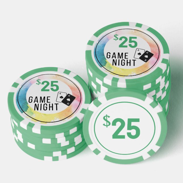 Green $25 Watercolor Game Night Poker Chip (Stack)