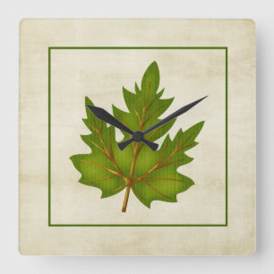 Green 2 Leaf Fall Season Themed Square Clock
