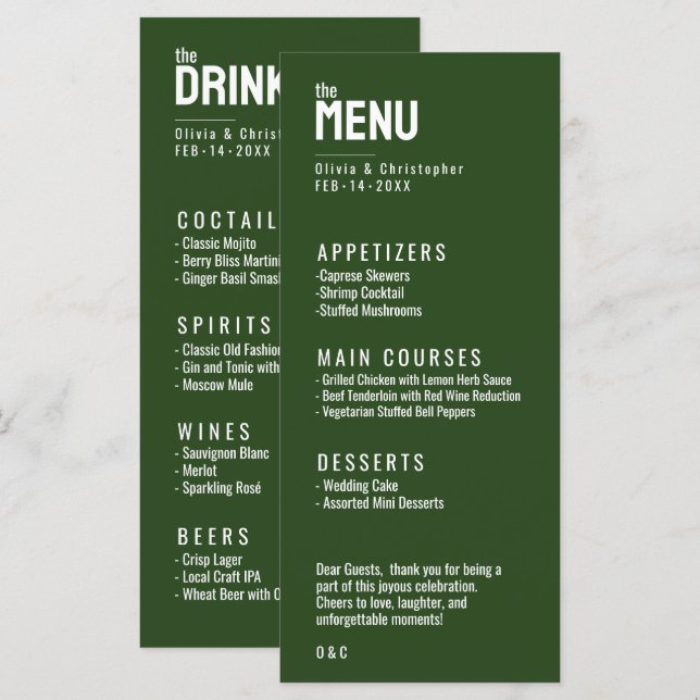 Green 2 sided MENU + DRINKS Minimalist Bold  (Front/Back)