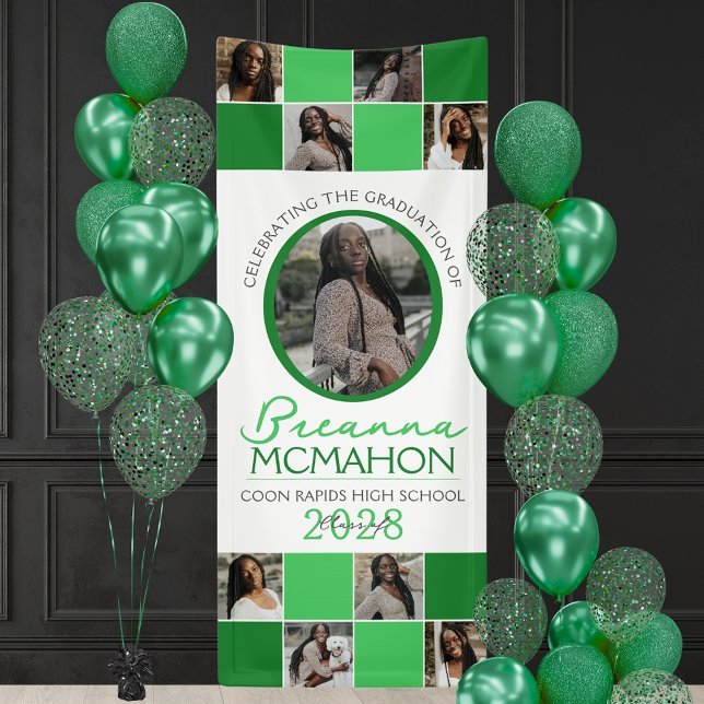 Green 2 Toned Photo Collage Graduation Vinyl Banner (Green and White 9 Photo Graduation Hanging Vinyl Banner)