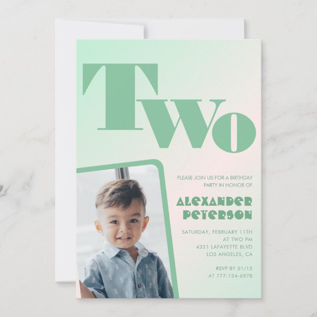 Green 2nd birthday invitations for him Retro Photo (Front)