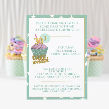 Green 30th Birthday Cake Smash Party Invitation by watermelontree at Zazzle