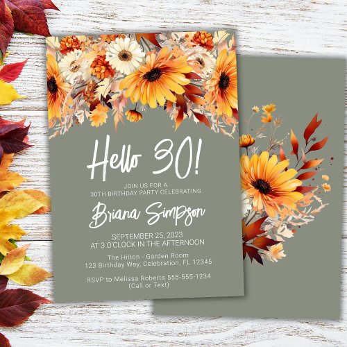 Green 30th Birthday Fall Floral Butterfly Invitation