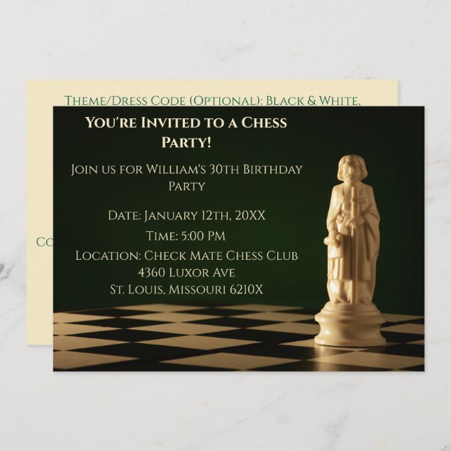 Green 30th Birthday Party Chess Bishop  Invitation (Front/Back)