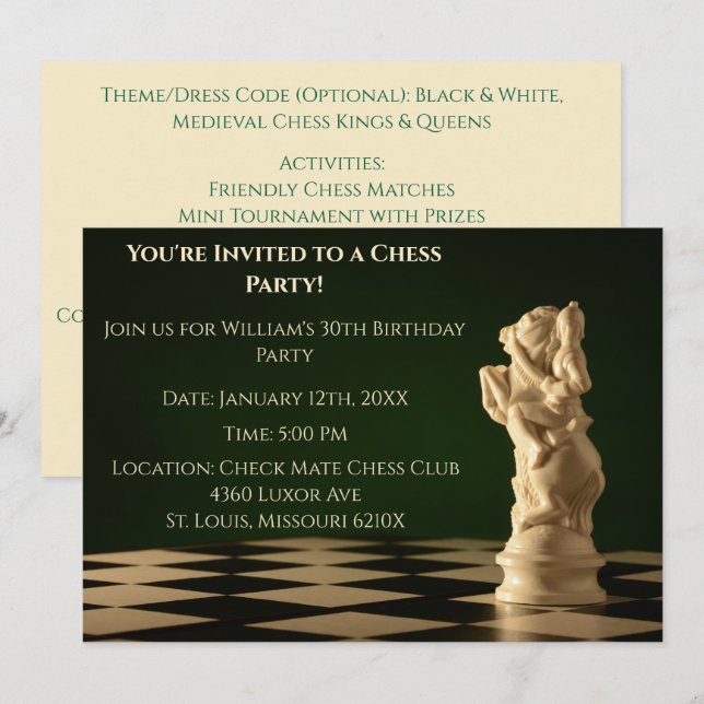 Green 30th Birthday Party Chess Knight Invitation (Front/Back)