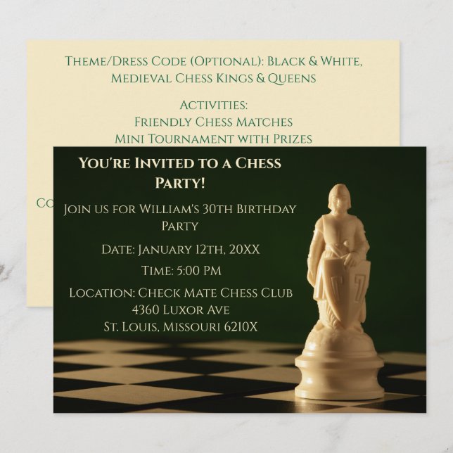 Green 30th Birthday Party Chess Pawn  Invitation (Front/Back)