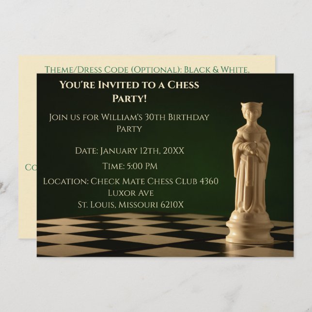 Green 30th Birthday Party Chess Queen Invitation (Front/Back)