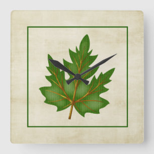 Green 3 Leaf Fall Season Themed Square Clock