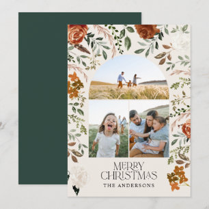 Green 3 photo botanical elegant rustic arch holiday card
