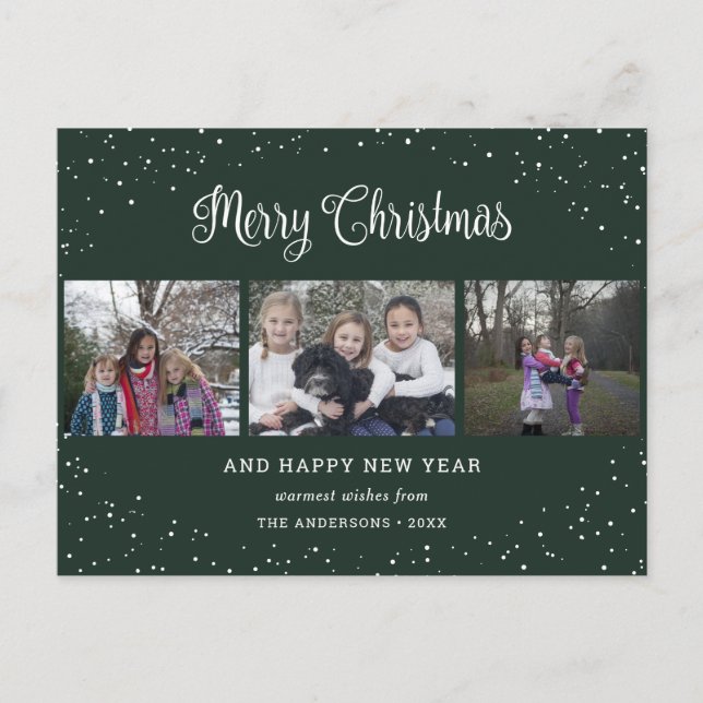 Green 3 Photo Collage Calligraphy Holiday Postcard (Front)