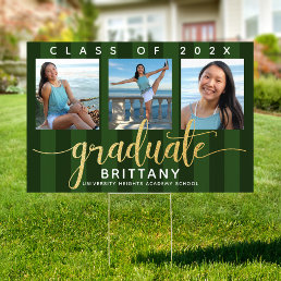 Green 3 photo graduation gold glitter script yard sign
