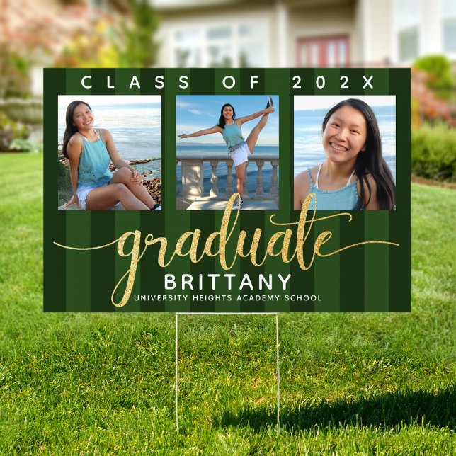 Green 3 photo graduation gold glitter script yard sign (Creator Uploaded)