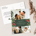 Green 3 Photo Merry Christmas Watercolor Greenery  Postcard<br><div class="desc">This collection features watercolor red florals,  berries & winter greenery with modern & elegant typography,  with a winter botanical pattern back.</div>